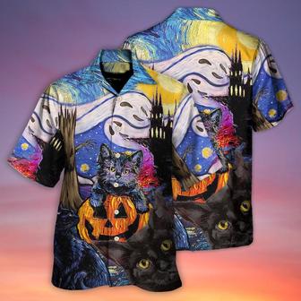 Halloween Black Cat Hawaiian Shirt, Black Cat Starry Night, Funny Cat Aloha Shirt For Men & Women - Halloween Gift For Members Family, Friends - Seseable