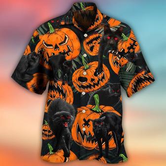 Halloween Black Cat Hawaiian Shirt, Halloween Pumpkin Scary Tropical For Men & Women - Halloween Gift For Members Family, Friends, Black Cat Lovers - Seseable