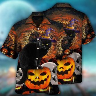 Halloween Hawaiian Shirt, Halloween Black Cat Scary Pumpkin Aloha Shirt For Men & Women - Halloween Gift For Members Family, Friends, Cat Lovers - Seseable