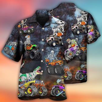 Halloween Hawaiian Shirt, Halloween Skeleton Dinosaur Driving Monster Truck Aloha Shirt For Men & Women - Halloween Gift For Members Family, Friends - Seseable