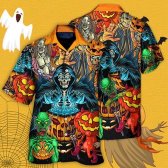 Halloween Scary Skull Hawaiian Shirt, Halloween Death Gun Pumpkin Horror Aloha Shirt For Men & Women - Halloween Gift For Members Family, Friends - Seseable