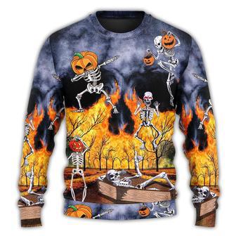 Halloween Skeleton Party Pumpkin Burning Scary Ugly Sweater | Favorety