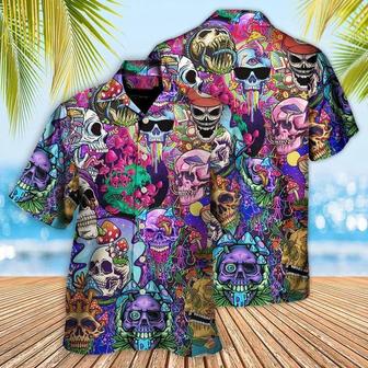 Hippie Aloha Hawaiian Shirt - Hippie Mushroom And Skull Colorful Art Hawaiian Shirt For Summer - Perfect Gift For Friend, Family - Seseable