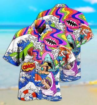 Hippie Aloha Hawaiian Shirt - Hippie Shark Hippie Shark And Girl Hawaiian Shirt For Summer - Perfect Gift For Friend, Family - Seseable