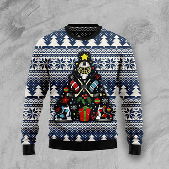 Hockey Christmas Tree Funny Blue Ugly Sweater - Thegiftio UK