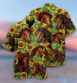 Horse Hawaiian Shirts - Brown Horse And Sunflower Field Aloha Shirts For Men - Perfect Gift For Horse Lovers, Family, Friends - Seseable