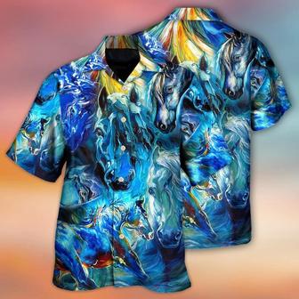 Horse Hawaiian Shirts For Summer - Horse Face Blue Light Cool Art Style Hawaiian Shirt - Perfect Gift For Men, Horse Lovers - Seseable
