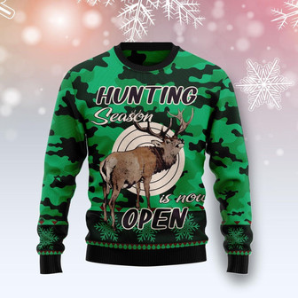 Hunting Season Is Now Open Christmas Funny Green Ugly Sweater - Thegiftio UK