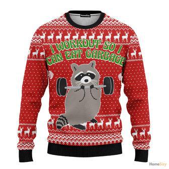 I Workout So I Can Eat Garbage Raccoon Ugly Christmas Sweater | Favorety DE