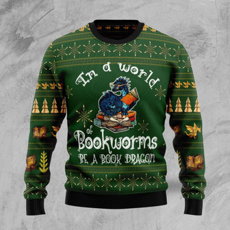 In A World Of Bookworms Be A Book Dragon Christmas Funny Ugly Sweater - Thegiftio UK