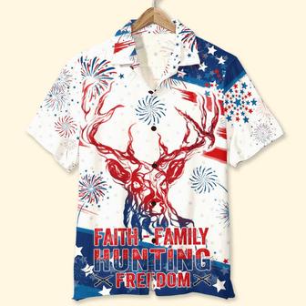 Independence Day Faith Family Hunting Freedom Aloha Hawaiian Shirts For Summer, 4th Of July American Hawaiian Shirt For Men Women, Patriotic Gifts - Seseable