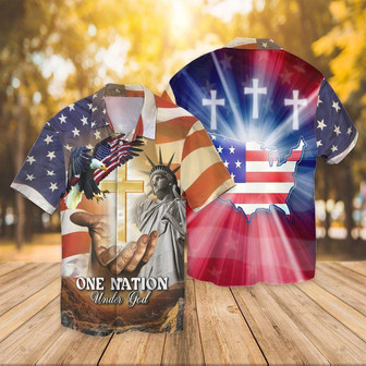Jesus Hawaiian Shirt, 4th Of July Independence Day American Flag Jesus One Nation Under God Eagle Cross Aloha Hawaiian Shirts For Men Women, Summer - Seseable