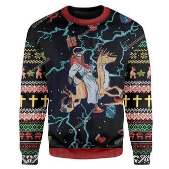 Jesus Riding Reindeer Black Christmas Ugly Christmas Sweater | Favorety