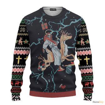 Jesus Riding Reindeer Black Ugly Christmas Sweater | Favorety AU