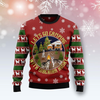 Let's Go Camping With Siberian Husky Ugly Christmas Sweater - Thegiftio UK