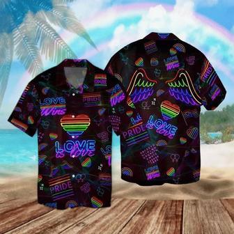 LGBT Aloha Hawaiian Shirts For Summer, Neon Heart And Wings Rainbow Hawaiian Shirts For Men Women, Perfect Gift For Friend, Pride Month LGBT - Seseable