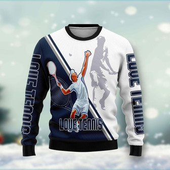 Love Tennis Christmas Funny Blue And White Ugly Sweater - Thegiftio UK