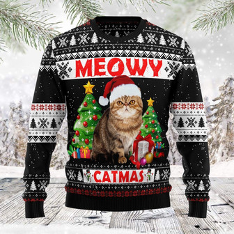 Meowy Catmas Black Christmas Funny Ugly Sweater - Thegiftio UK