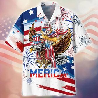 Merica Eagle And Cats Independence Day Aloha Hawaiian Shirts For Summer, Happy 4th Of July Hawaiian Shirt For Men Women, Patriotic Gift For Cat Lovers - Seseable
