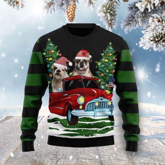 Merry Christmas Bulldog In The Red Car Funny Ugly Sweater - Thegiftio UK