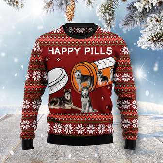 Merry Christmas Siberian Husky Happy Pills Ugly Christmas Sweater - Thegiftio UK