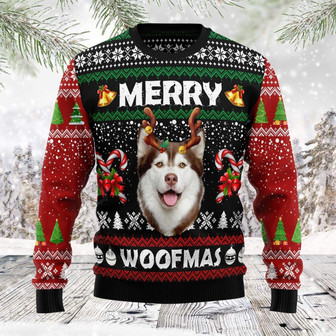 Merry Woofmas Husky Christmas Funny Ugly Sweater - Thegiftio UK
