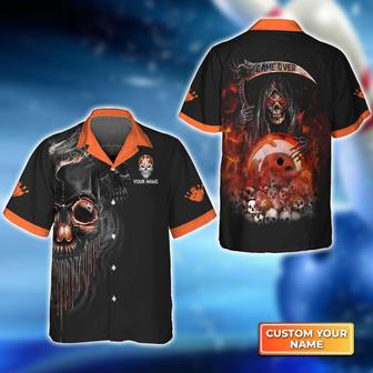 Personalized Bowling Aloha Hawaiian Shirt - Death Hawaiian Shirt, Orange Grim Reaper Bowling Hawaiian Shirt For Men & Women, Bowling Lover - Seseable