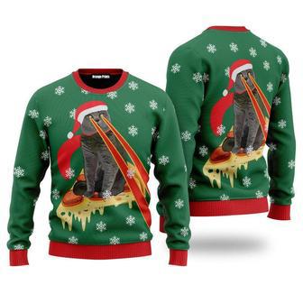 Pizza Cat With Laser Eyes Green Ugly Christmas Sweater For Men & Women | Favorety