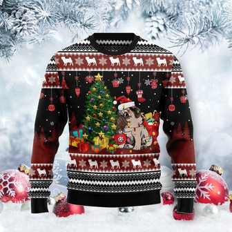 Pug Besides A Christmas Tree Funny Ugly Sweater - Thegiftio UK