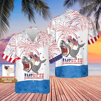 Pug Hawaiian Shirt Custom Photo For 4th Of July , Puppy Riding Shark With American Flag Firework Personalized Hawaiian Shirt - Gift for Independence Day - Seseable