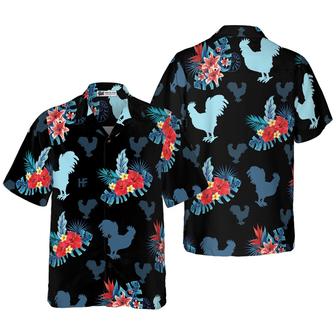 Rooster Hawaiian Shirt, Tropical Flowers, Rooster In Tropical Blue Aloha Shirt For Men - Perfect Gift For Husband, Boyfriend, Friend, Family - Seseable