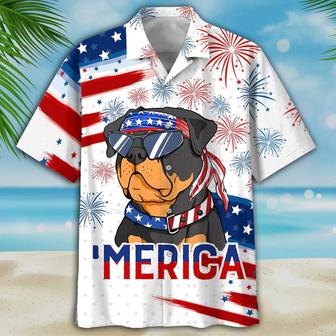 Rottweiler Aloha Hawaiian Shirts For Summer, Funny Dog Merica Independence Day USA Flag Hawaiian Shirt For Men Women, 4th of July Gift For Dog Lovers - Seseable