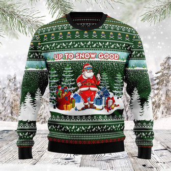 Santa Clause Skiing Up To Snow Good Funny Green Ugly Sweater - Thegiftio UK