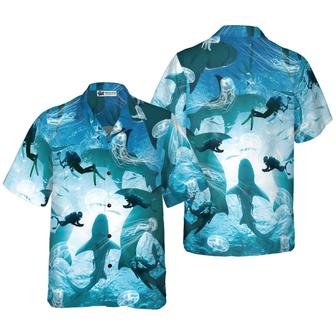 Scuba Diving With Sharks Hawaiian Shirt, Colorful Summer Aloha Shirt For Men Women, Gift For Friend, Team, Diving Lovers - Seseable