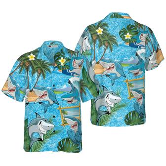 Shark Hawaiian Shirt, Blue Beach, Coconut Tree, Sharks On The Beach Aloha Shirt For Men - Perfect Gift For Husband, Boyfriend, Friend, Family - Seseable