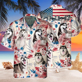 Siberian Husky Aloha Hawaiian Shirts For Summer, Dog Tropical Independence Day USA Flag Hawaiian Shirt For Men Women, 4th of July Gift For Dog Lovers - Seseable