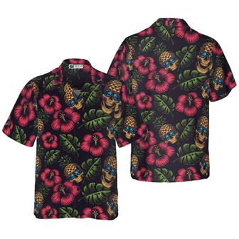 Skull Hawaiian Shirt, Pineapple Skull Tropical Flowers Black Hawaiian Shirt For Men Women, Gift For Husband, Wife, Friend, Family - Seseable