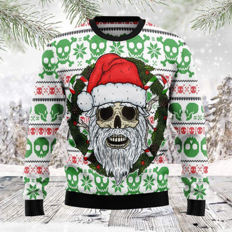 Skull Santa Clause Green White Christmas Funny Ugly Sweater - Thegiftio UK