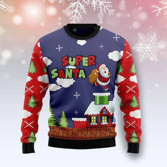 Super Santa Runs Into A Chimney Christmas Funny Ugly Sweater - Thegiftio UK