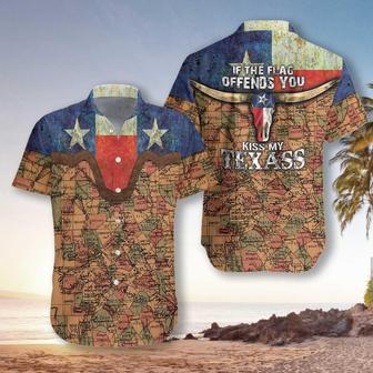 Texas Flag And Map Pattern Aloha Hawaiian Shirt For Summer, If The Flag Offends You Kiss My Texass, Texas Longhorns Hawaiian Shirt For Men Women | Favorety