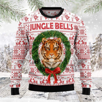 Tiger Jungle Bells Christmas Red White Funny Ugly Sweater - Thegiftio UK