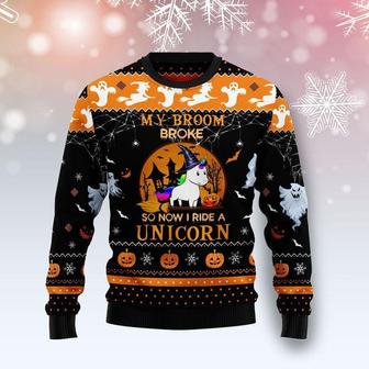 Unicorn Broom Halloween Ugly Sweater - Thegiftio