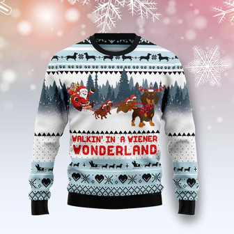 Walkin‘ In A Weiner Wonderland Dachshund Funny Red Ugly Sweater - Thegiftio UK