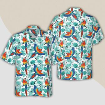 Watercolor Parrot & Palm Leaves Hawaiian Shirt, Colorful Summer Aloha Shirts For Men Women, Perfect Gift For Husband, Wife, Boyfriend, Friend - Seseable
