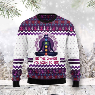 Yoga Be The Change You Wish To See Christmas Blue Ugly Sweater - Thegiftio UK