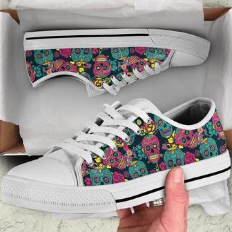 Day Of Dead Colorful Skull Floral Low Top Shoes - Monsterry