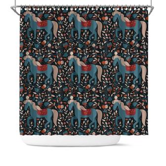 Blue Horses Animal Floral Vintage Nordic Nights Dark Pattern Shower Curtain - Seseable