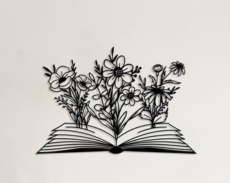 Book with Flower Metal Wall Decor, Flowers WallHangings, Boho Home Decor, Above Bed Decor - Thegiftio UK