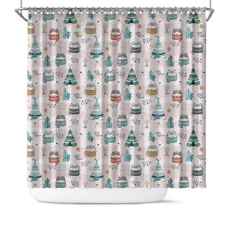 Cat And Camping Tent Cactus Plant Desert Pattern Boho Shower Curtain - Seseable