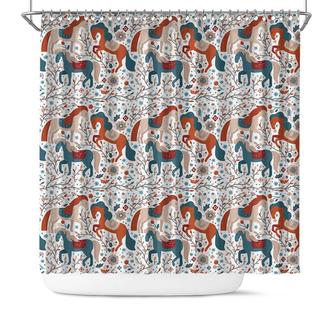 Colorful Three Horses Flowers Pattern Nordic White Bath Shower Curtain - Seseable